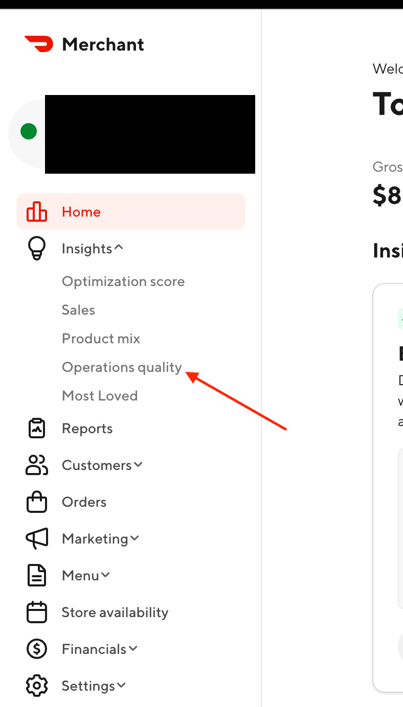 DoorDash navigation with insights highlighted