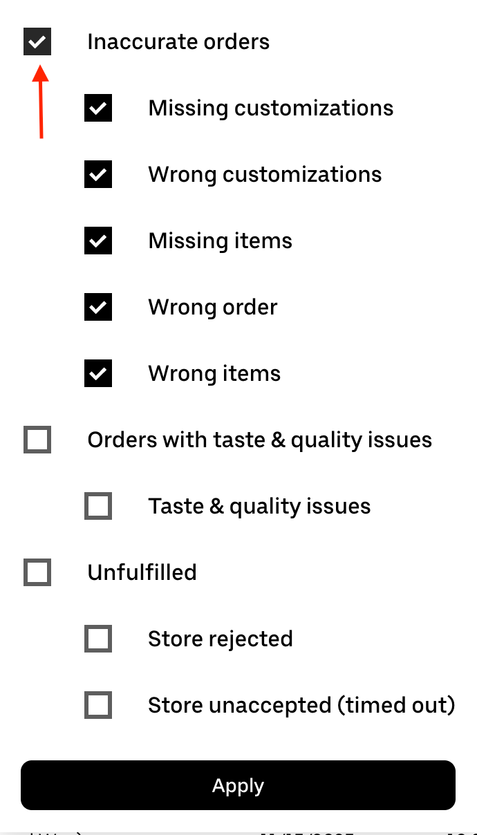 Uber Eats inaccurate orders filter