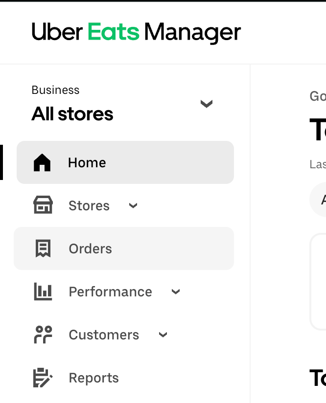 Uber Eats manager navigation with orders highlighted